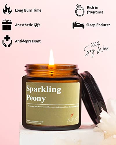 Image of AuraDecor Sparkling Peony Scented Jar Candle | 100gm Handpoured Soy Wax Candle with 30 hr Burn Time | Premium Amber Jar Aromatherapy Candle | Ideal Gift for Home & Decor