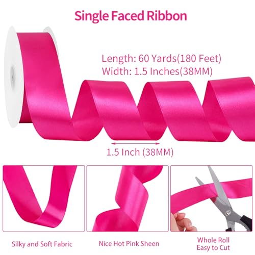 Image of woric Hot Pink Ribbon 1 1 /2 Inch 60 Yards Pink Bows Decor Satin Ribbon for Flower Bouquet Gift Wrapping Girl Women Hair Bows Crafts Wedding Holiday Decorations