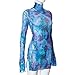 Women’s Floral Tie Dye Sheer Mesh Mini Dress Sexy Mock Neck Split Bodycon Flared Long Sleeve Beach Party Dress Purple