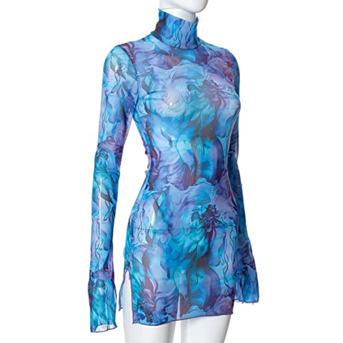 Women’s Floral Tie Dye Sheer Mesh Mini Dress Sexy Mock Neck Split Bodycon Flared Long Sleeve Beach Party Dress4
