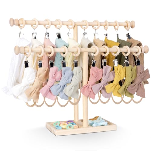 Image of POVETIRE Headband Holder Stand Storage for Baby, 2 Tier Wooden Bow Organizer for Girls Hair Bows, Infant Hair Accessories Rack Display for Nursery Decor
