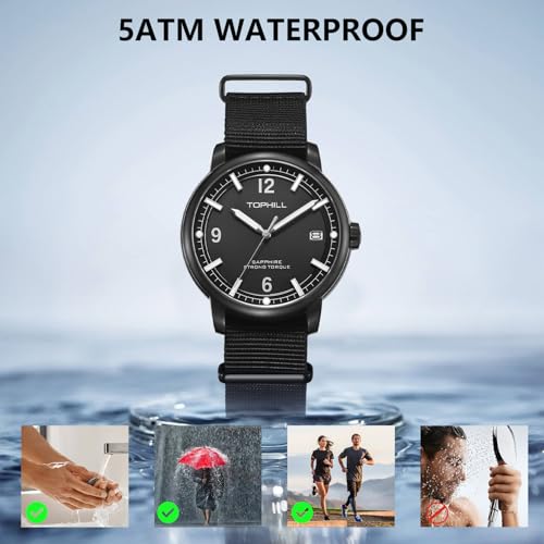 Image of TOPHILL Men Watches Automatic Mechanical Watches - Dive, GMT, Chronograph & Dress Styles | 316L Stainless Steel, Sapphire Crystal, Ceramic Bezel | 5ATM-300M Waterproof with Super Luminous | Classic Business & Sport Casual (Black+white 001)