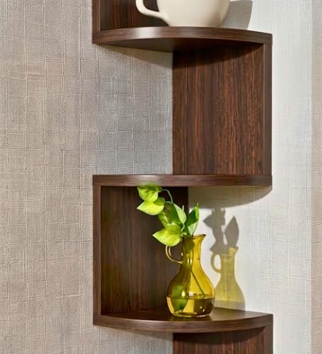 Image of 5-Tier Zigzag Corner Wall Mount Shelf, Modern Wooden Floating Corner Shelf, Space Saving Wall Storage for Living Room, Bedroom, Office, Books, Plants, Decor (Brown, 5)