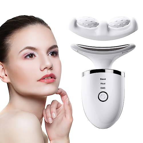 SMERPHOX Anti Wrinkles Face Neck Massager, Vibration Facial Lifting Massage Device with Heat, 4-in-1 Double Chin Reducer Tools, Anti Aging, Improve, Firm, Tightening and Smooth (White)