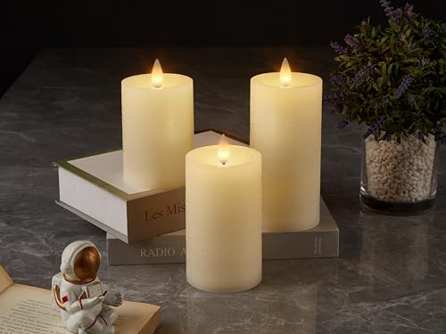 Image of Flameless Pillar Candles Flickering with Remote Timer, Battery Operated LED Candles Up to 400 Hours, 3D Moving Flame Real Wax Candles. (Ivory Water Ripples, Set of 3)