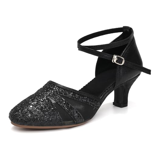 HIPPOSEUS Zapatos de Baile Latino Mujer 5 cm Tacon Bajo Negro Lentejuelas de Salón Cerrados Salsa y Bachata Tango Calzado para Bailar, 39 EU