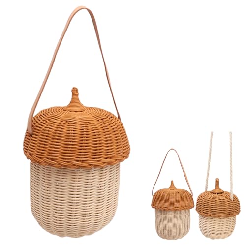 Kids Rattan Storage Basket - Hand Woven Decorative Acorn Shaped Basket Bag for Boys Girls Photography Props(Large Handbag)