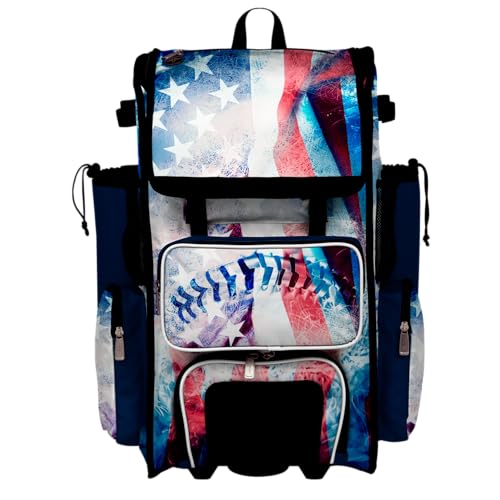 Boombah Rolling Superpack Baseball/Softball Gear Bag - Telescopic Handle - Holds 4 Bats - Wheeled Version - USA Baseball Flag White/Royal Blue/Red