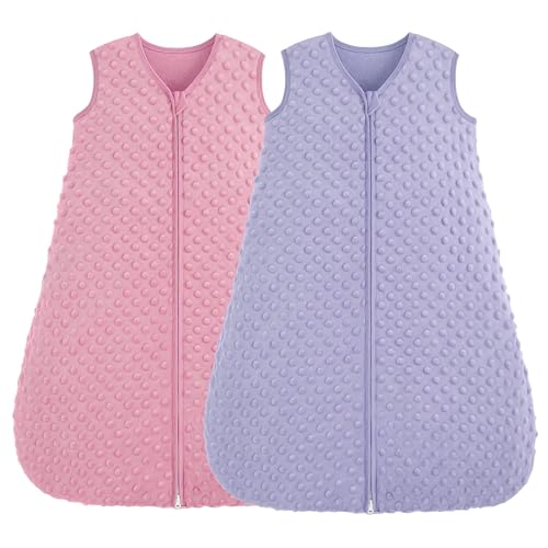 Image of FIEMOL Fleece Baby Sleep Sack 0-6 Months, 1.5 TOG Cotton Baby Wearable Blanket With Soft Plush Dots, 2 Pack Newborn and Infant Warm Sleeping Sack with 2-Way Zipper Pink&Purple