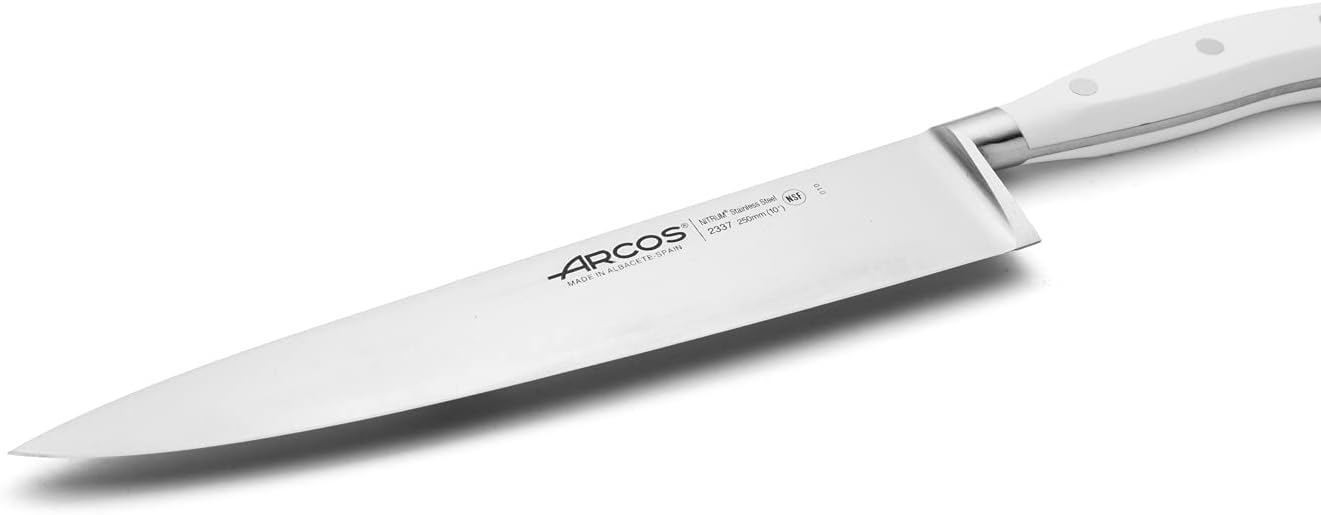 Arcos Forged Chef Knife 10 Inch Stainless Steel. Professional Cooking Knife For Cutting Variety of Foods. Ergonomic Polyoxymethylene Handle and 250mm Blade. Series Riviera Blanc. Color White