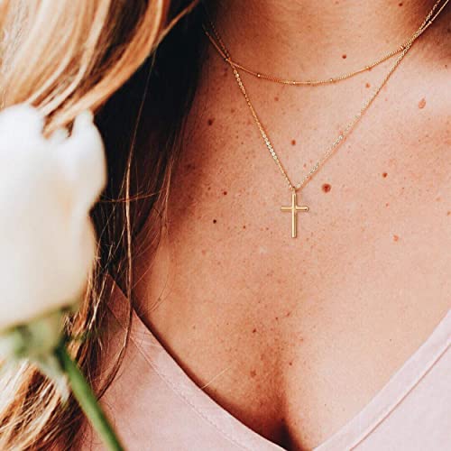 Befettly Tiny Cross Necklace, Women 14k Gold Filled Polished Faith Necklace Dainty Circle Pendant Necklace Crucifix Cute Heart Necklace3