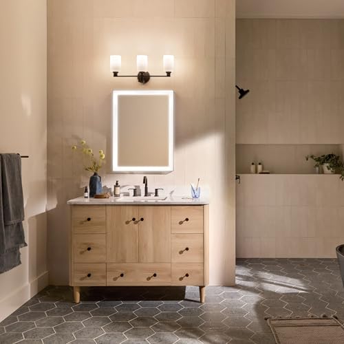 Image of Kichler Gioe 24.25 in 3-Light Bathroom Vanity Light Fixture with Opal Glass in Black, Modern Wall Mount Over Mirror for Powder Room, Damp Rated (24.25 in W x 10.5 in H), 55226BK