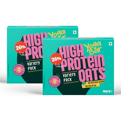 Image of Yogabar High Protein Oats (Variety Pack of 7) Set Of 2 | 26g Protein per Serve | Wholegrain Breakfast | Flavors: Korean Fire, Mum's Masala, Dark Chocolate, Fruit Nuts Seeds, Kesar Pista Kulfi, Banana Creme, Filter Kappi