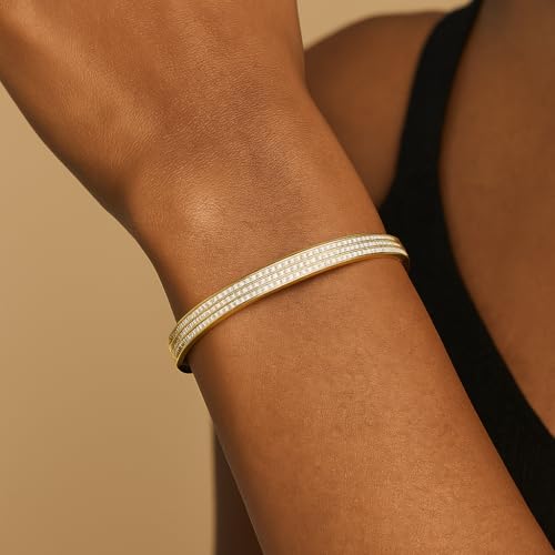 Dainty Crystal Accent Cubic Zirconia Bangle Bracelet for Women | Elegant Gold Plated Adjustable Cuff Jewelry Gift3