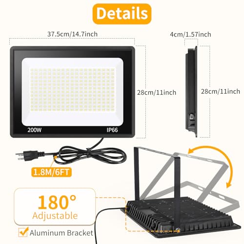 200W LED Flood Light Outdoor with 6ft Plug, 24000LM Brighter Exterior Security Lights, 5000K Daylight LED Work Light, IP66 Waterproof for Yard, Garage, Stadium, Lawn, 2 Pack