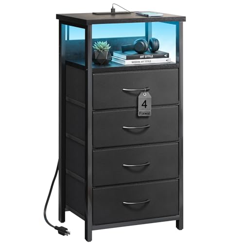 Image of Fixwal Night Stand with Charging Station, Tall Nightstand with U-S-B Ports and Outlets, 4 Fabric Storage Drawers with PU Finish, Small Dresser Bed Side Table, Black