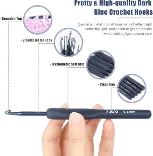Image of VIRADHAM Crochet Kit for Beginners - 9 PCS Ergonomic Crochet Hooks Set with Yarn Balls, Stitch Markers, Plastic Needles, Scissors & Knitting Accessories for DIY Craft Projects (Black Hook+Yarn Set)