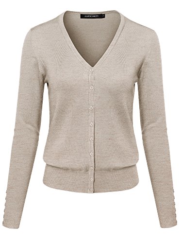 Basic Solid V-Neck Button Closure Long Sleeves Sweater Cardigan Khaki L #TOP15