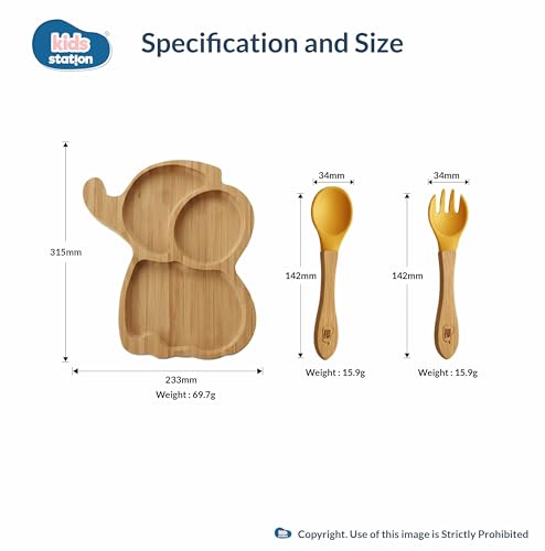 Image of Kids Station Elephant Wooden Feeding Plate with Spoon and Fork for Babies - Yellow | Eco-Friendly Self-Feeding Baby Tableware Set (3 pcs)