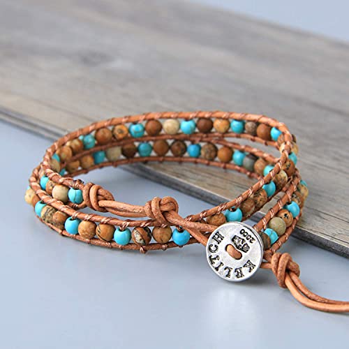 Image of KELITCH Natural Agate Onyx 2 Wrap Bracelets Handmade Leather Strand Bracelets Fashion Jewelry