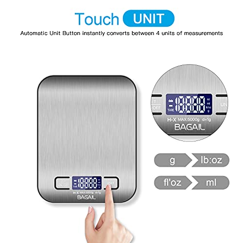 Bagail Digital Kitchen Scale, Premium Stainless Steel Food Scales Weight Grams And Oz For Baking And Cooking,11Lb/5Kg With 0.1Oz/1G Precision #TOP5