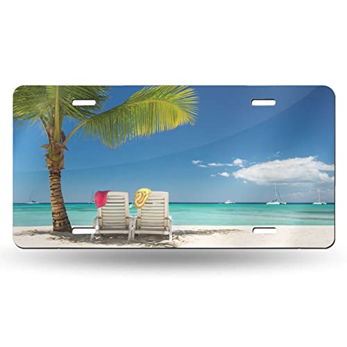 Beach Relaxing Palm Tree Chairs Boats Front License Plate Aluminum Decorative License Plates Funny Metal Car Plate 6"X12" Novelty Vanity Tag Cover with 4 Holes Car Decor Accessory