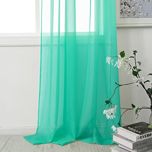 Huto Short Sheer Curtains For Small Windows Rod Pocket Turquoise Window Sheer Drapes For Kitchen Bathroom 2 Panels 52 Inches Wide By 45 Inches Long #TOP4