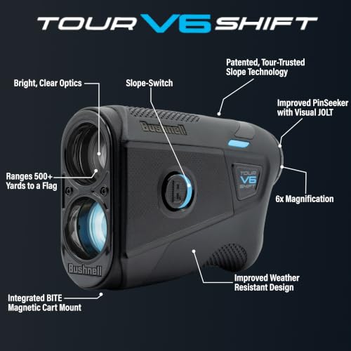 Image of Bushnell Golf Tour V6 Shift Laser Rangefinder with Slope Compensation, 1300-Yard Range, Flag Lock Vibration, Magnetic Cart Mount, 6X Magnification, Waterproof - Tournament Legal
