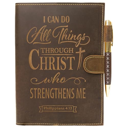 Sovereign-Gear Religious Refillable Leather Journal - Handmade A5 Writing Notebook with Pen - Philippians 4:13 “I Can Do All Things” Embossed Diary with 2 Lined Inserts & Pen Holder - 480 Pages