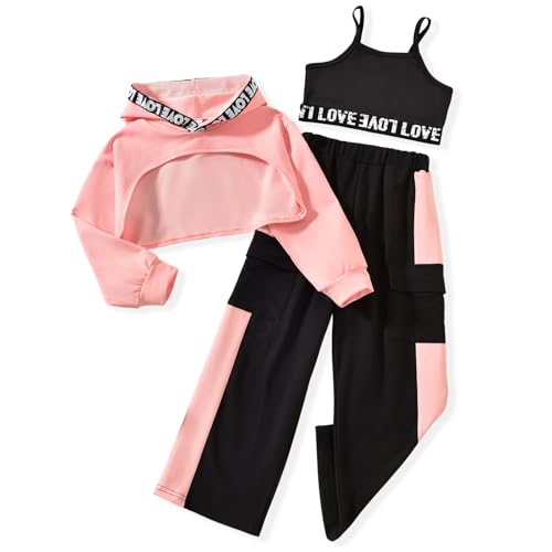 Girls 3 Piece Outfits Color Block Sweatsuit Workout Hoodie Litter Graphic Crop Tank and Pants Set