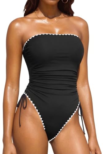 Image of Yonique Women Strapless One Piece Swimsuit Tummy Control Bandeau Bathing Suit Cheeky Swimwear