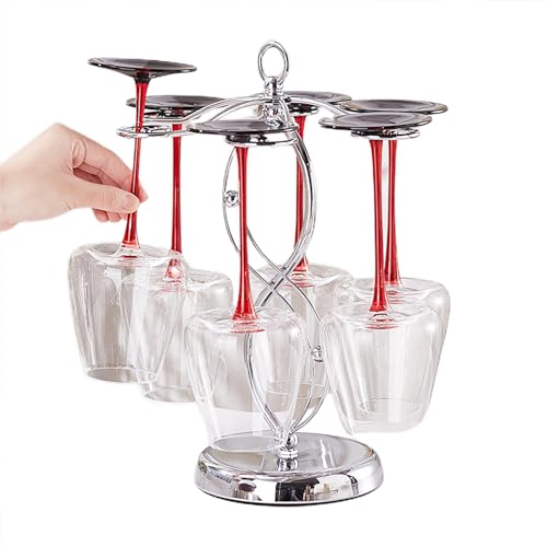 Povanjer Portabicchieri da vino autoportante, portabicchieri da vino da appoggio | Portaoggetti in vetro e metallo con 6 ganci | Stendino per bicchieri da vino, elegante espositore per cucina, bar