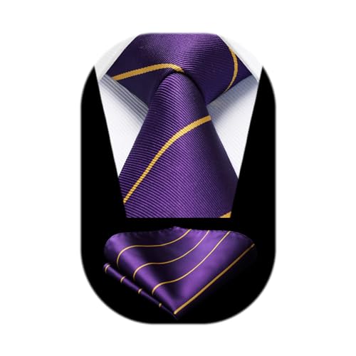 HISDERN Mens Tie Purple Stripe Ties with Pocket Square Set Business Formal Violet Striped Classic Silk 3.4 Necktie Handkerchief for Wedding