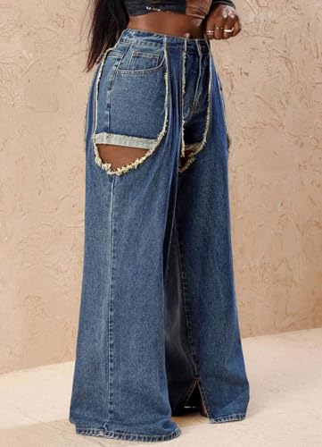 Women's Baggy Y2k Ripped Denim Pants High Waist Cutout Patchwork Boyfriend Wide Leg Jeans Stretchy Cargo Pants Streetwear3