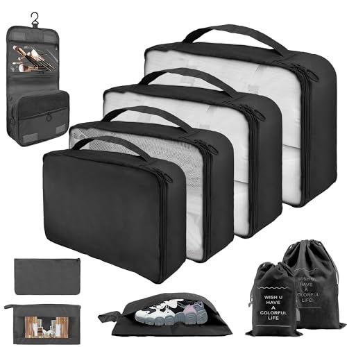 KIT 10 Organizador de Malas para Viagem: Kit Completo de Organização - Inclui Bolsa Organizadora e Necessaire Feminina-Organizadores de Bagagem para Viagem-VANOVA (PRETO)