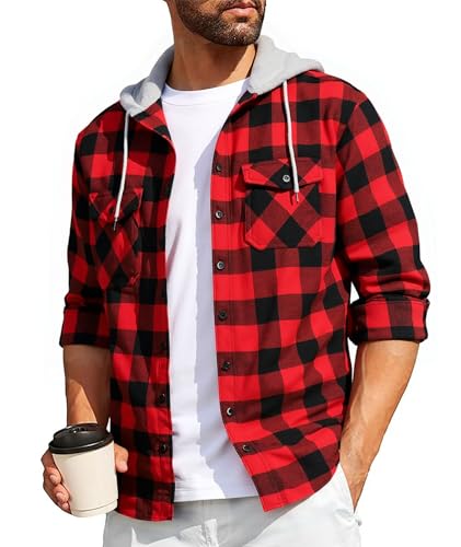 SwissWell Camisa a Cuadros Hombre Camisa de Franela para Hombre Sudaderas de Leñador de Manga Larga Exteriore Camisa Casual con Capucha Rojo L