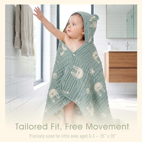 Image of Ultra-Soft Muslin Hooded Towel - 55 x 28 Inches, Made with Organic Cotton, Soft Sage Green Bunny Jacquard with Chest Snap, Ideal for Bath & Beach, for Kids Aged 0-3