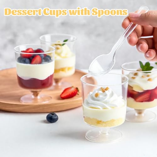 Hsxfl 120 Pcs Mini Dessert Cups with Spoons 60 Pcs 5 OZ Small Clear Plastic Dessert Parfait Cup 60 Pcs, Round Goblet Disposable Fruit Ice Cream Cake Pudding Cups Appetizer Bowl For Party