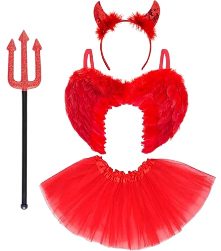 Disfraz de Diablo para Mujer con Accesorios - Alas Rojas de Demonio, Cuernos de Diablo, Tridente de Diablo y Falda Tutú de Mujer - Disfraz de Halloween, Carnaval y Fiestas de Disfraces (Rojo)