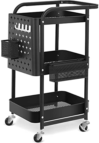 3 Tier Rolling Utility Cart, Heavy Duty Storage Cart Kitchen Cart with DIY Pegboard Service Cart Trolley Organizer with Handle & 2 Lockable Wheels Organizer Cart for Kitchen, Bathroom, Office
