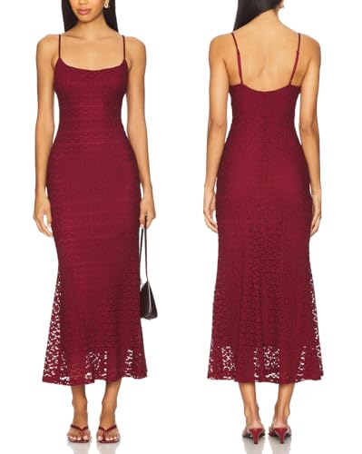 Image of Women Spaghetti Straps Lace Mesh Maxi Dress Backless Mermaid Wedding Dress | Floral Lace Mesh Wedding Guest Dress Fully Lined Adjustable Strap Bodycon Dress Cocktail Party Formal Evening Gown Date Night