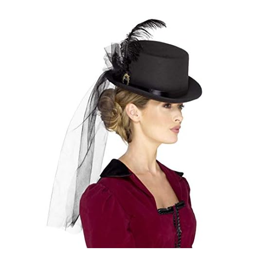 Smiffys Sombrero de copa victoriano para mujeres deluxe, Negro, con plumas, velo y broche (48413)