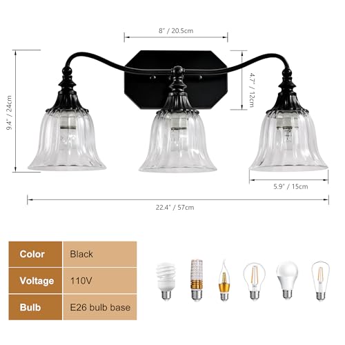 Image of LmnLvn 3-Light Bathroom Vanity Light, Matte Black with Crystal Glass Shade