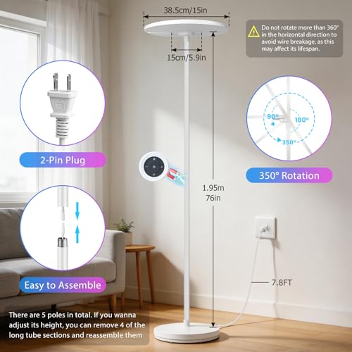 2-in-1 Full Spectrum LED Floor Lamp with Remote, 76'' Tall 350° Adjustable 4100LM Super Bright Reading Lamp with RGB Ambient Glow,Stepless Dimming & 5CCT Modern Standing Lamps for Living Room, Bedroom - image 7