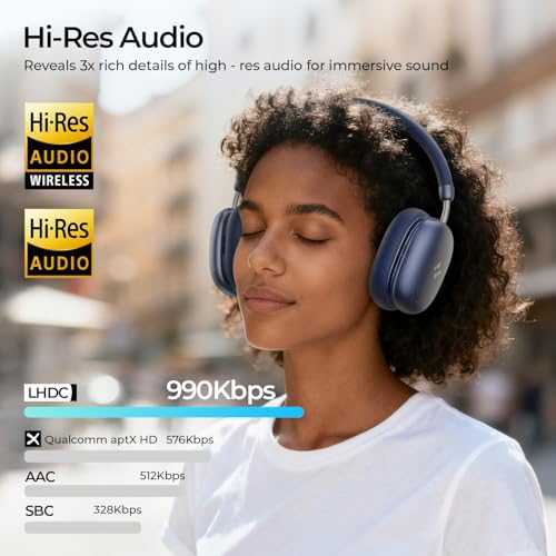 Image of havit Space S1 Hybrid Adaptive Noise Cancelling Headphones, 100H Playtime, 45dB ANC, Bluetooth 6.0, LHDC Hi-Res Audio, Over Ear Wireless Headphones with App EQ, Dual Device, for Travel, Office, Home
