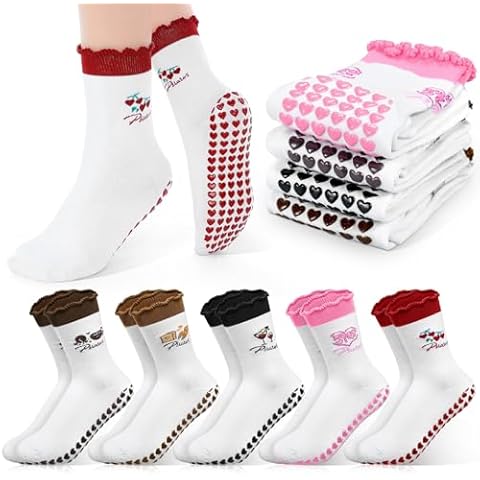 Jeyiour 10 Pairs Pilates Socks for Women Ruffle Cuff Grips Yoga Socks Non Slip Athletic Socks Ballet Socks Crew Socks One Size 5 Colours Cover