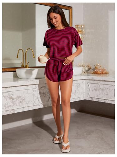 Image of OYOANGLE Womens Pajama Sets 2 Piece Sexy Lounge Sets Summer Cute Pjs Striped Print Tee and Side Split Shorts Set