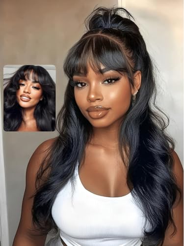 Image of UNICE 26 inch Fluffy Natural Loose Wave Curtain Bangs Wig Human Hair Pre Everything 13x4 Lace Front Glueless Wigs Human Hair Pre Plucked Pre Cut Bleached Knots Black Color