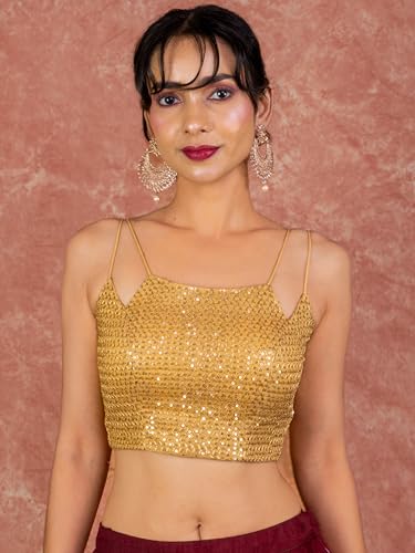 Image of FIGURE'S DESIGNER Women's Spagehtti Neck Strap Sequin Embroidered Sleeveless Readymade Saree Blouse E22