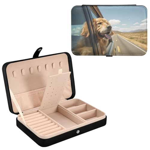 Haskirky Golden Retriever Jewelry Box Portable PU Leather Travel Jewelry Organize for Women Jewelry Storage Display Holder for Ring, Necklace, Earring